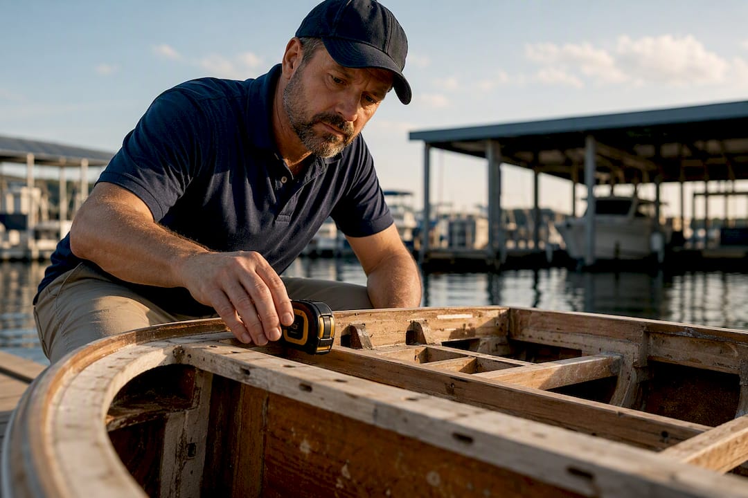 Marine surveyor inspecting boat hull at marina