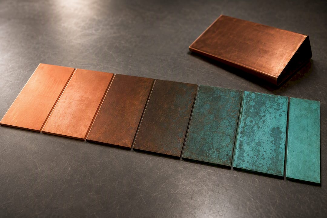 Copper samples showing progressive patina colors