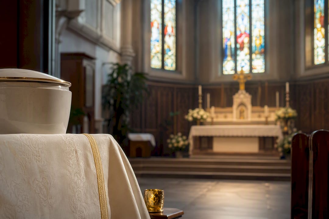 Catholic chapel prepared for cremation funeral Mass
