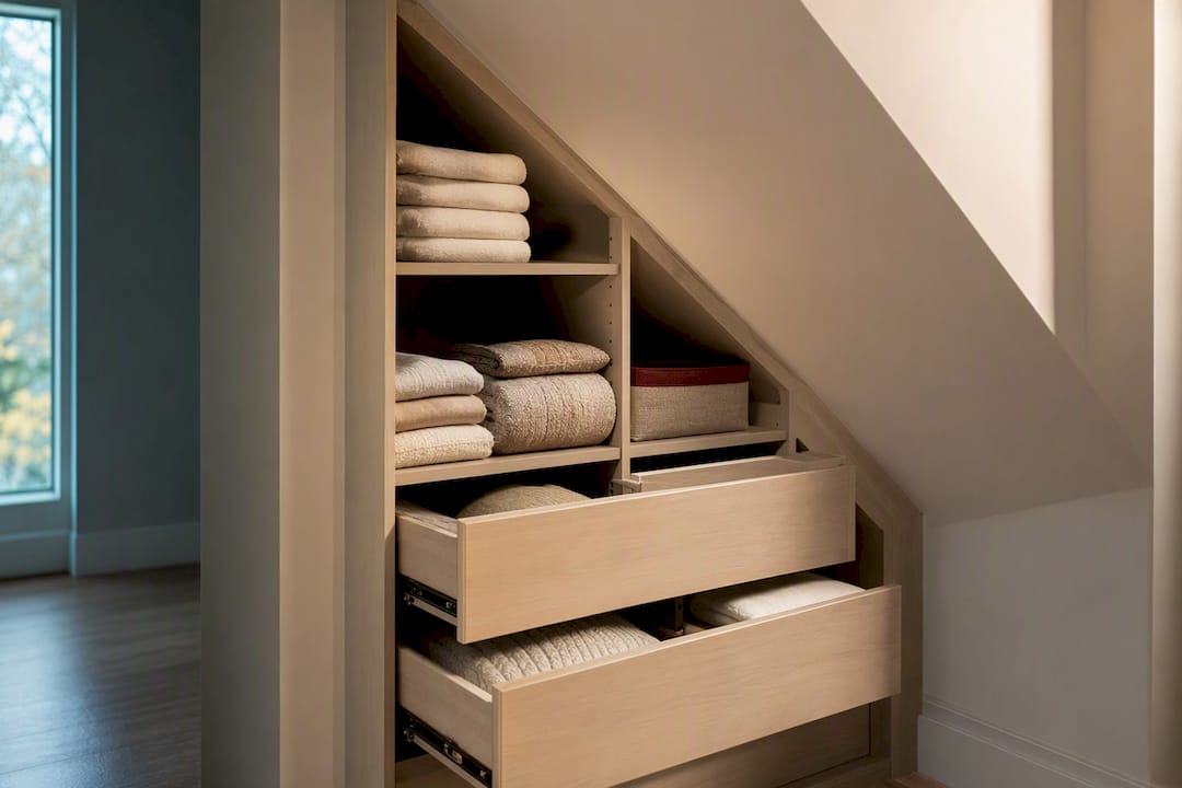 Irregular closet geometry with pull-out storage