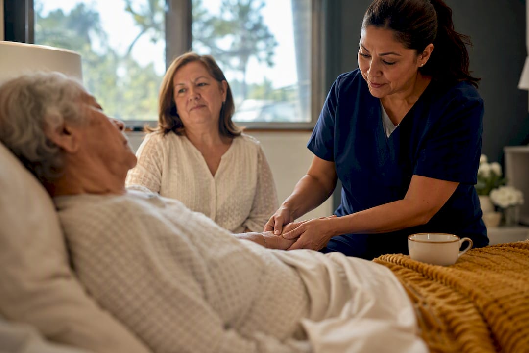 Hospice nurse caring for older adult at home