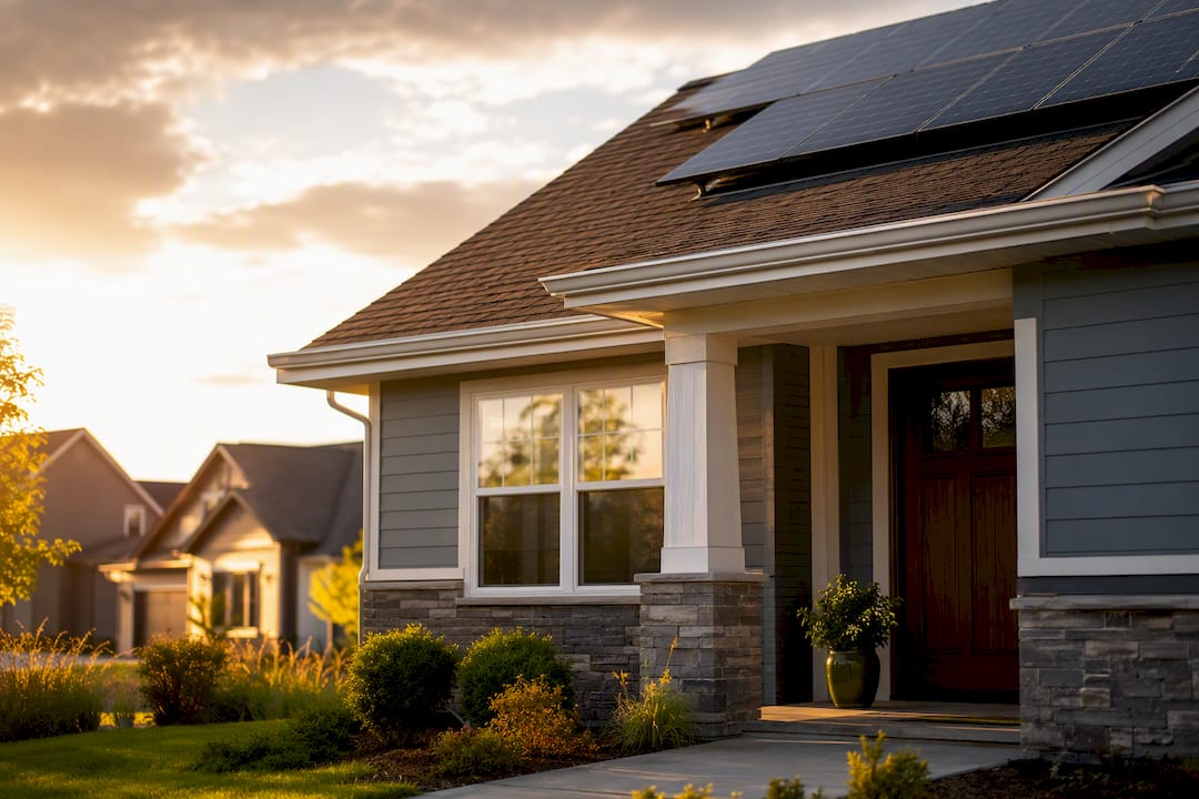 Suburban home with partial rooftop solar array