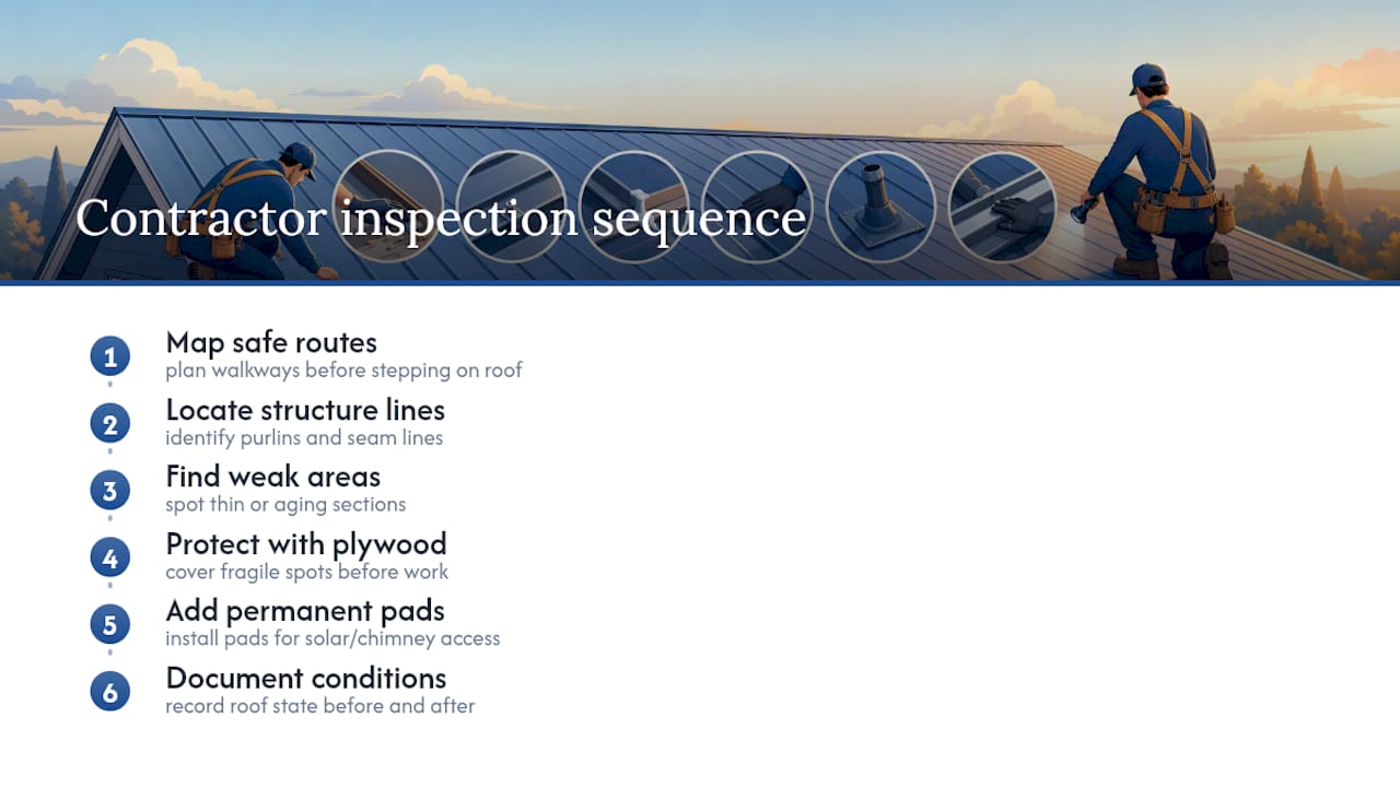 Metal roof inspection and walkway planning sequence