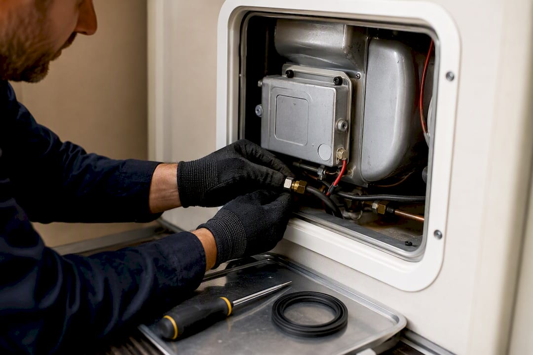 Technician inspecting an RV water heater component