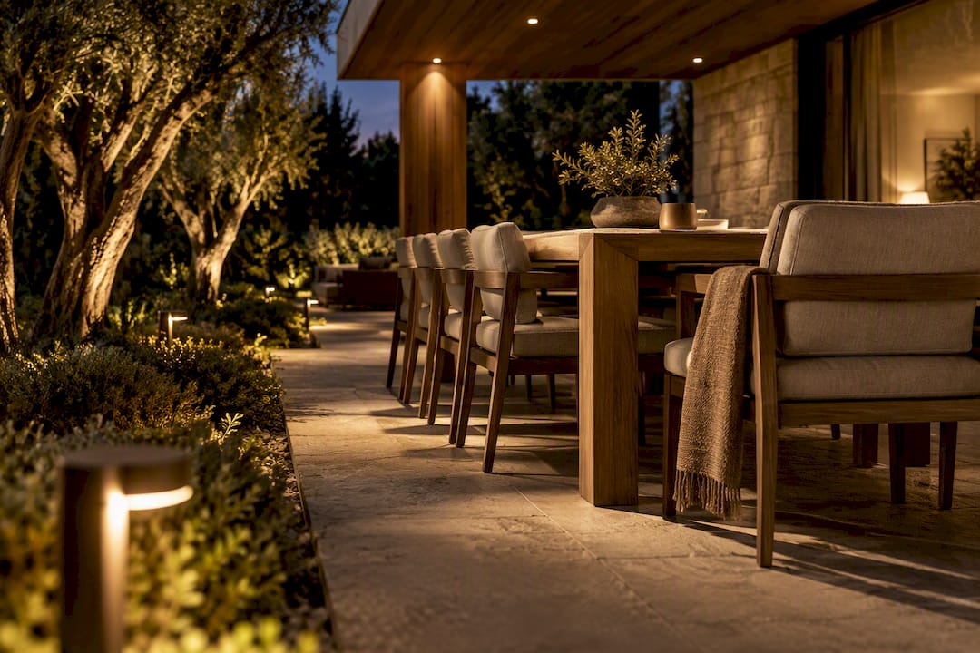 Layered warm lighting across outdoor dining terrace