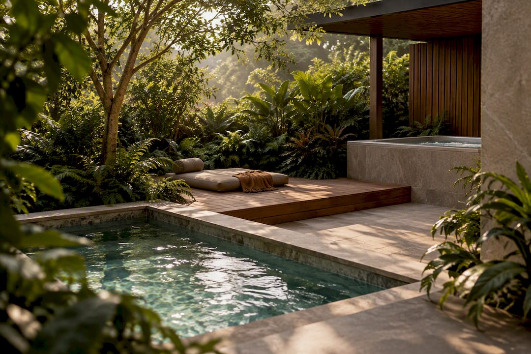 Outdoor wellness zone with plunge pool and meditation deck