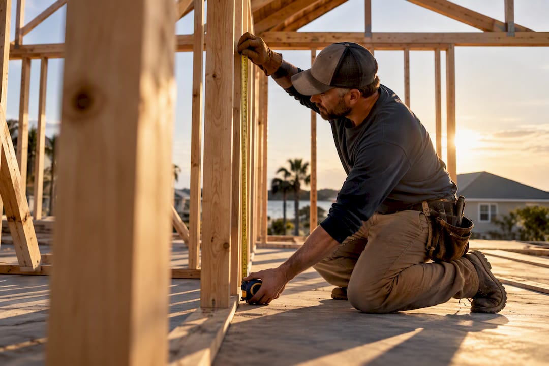 Carpenter measuring Louisiana home reconstruction