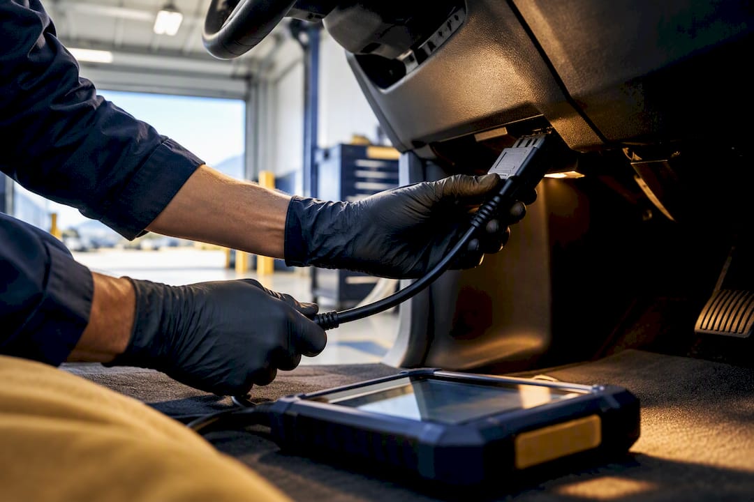 Technician diagnosing vehicle warranty defect