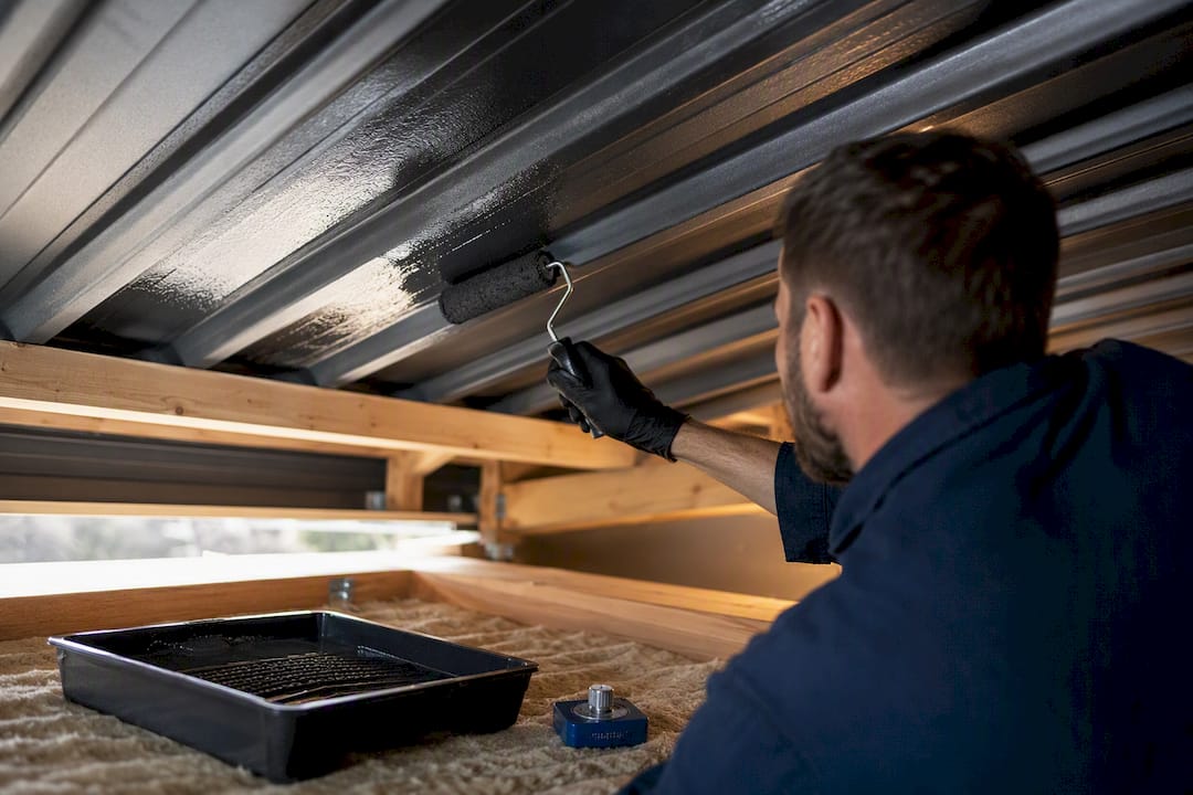Technician applying damping compound underside