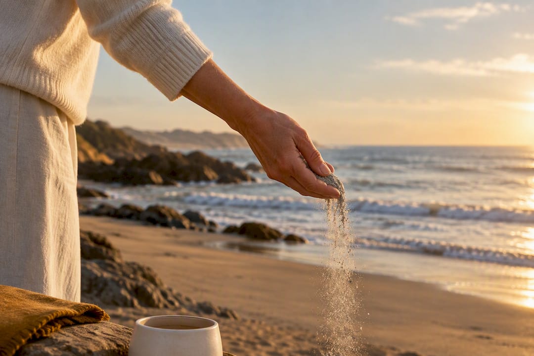 Family member scattering ashes by ocean