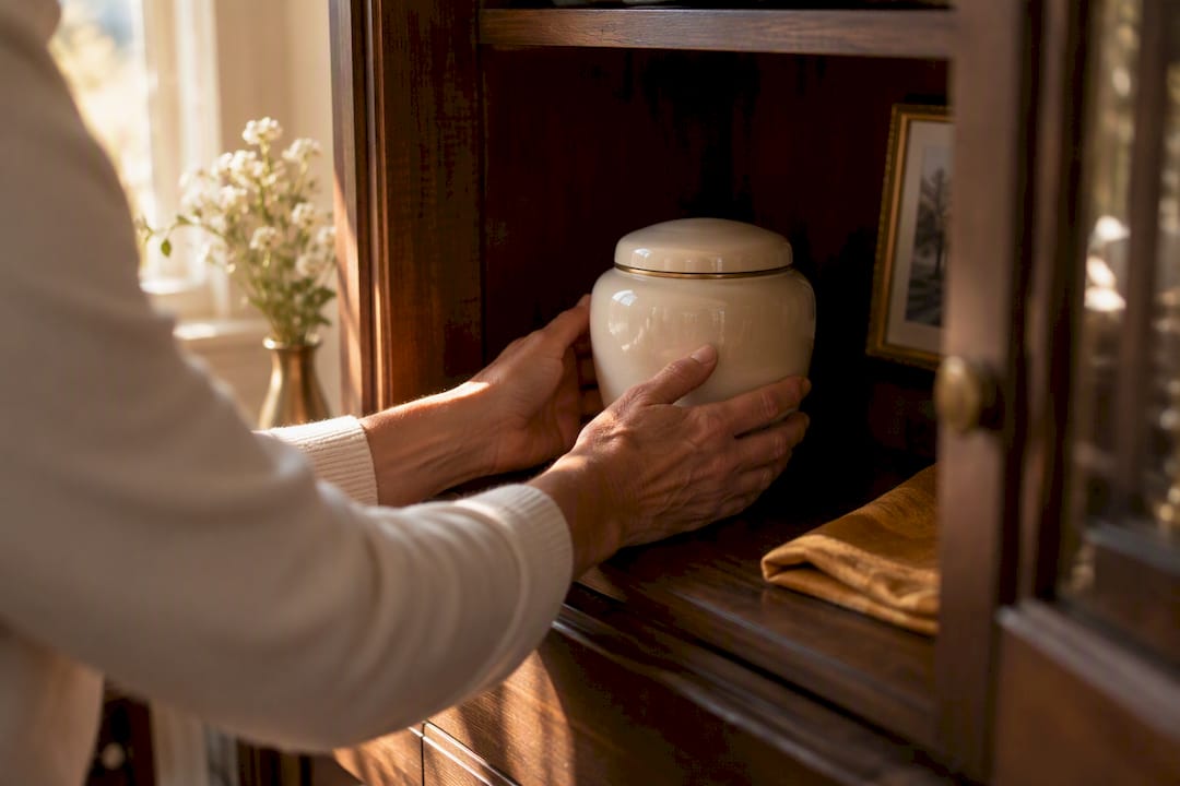 Hands securing ashes in home storage