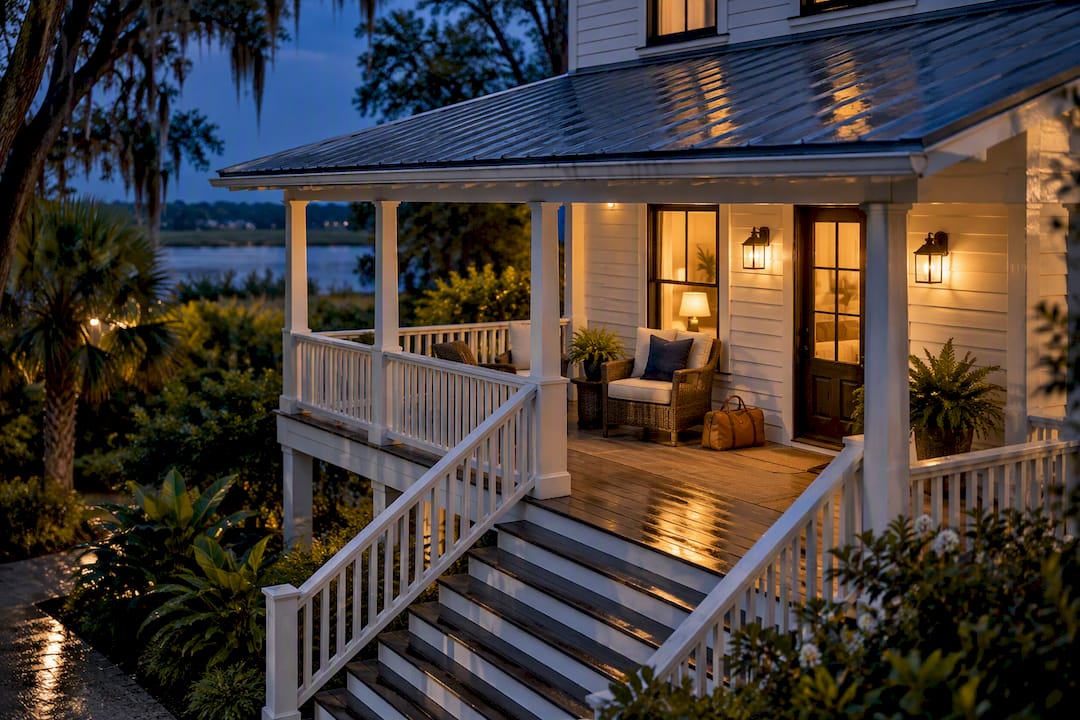 Louisiana short-term rental cottage at dusk