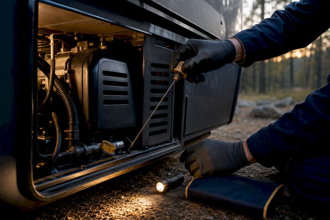 Technician inspecting an RV generator compartment