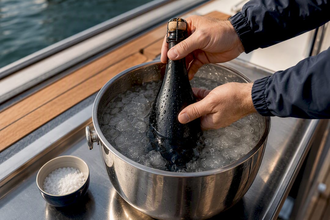Champagne bottle chilling in ice water bucket