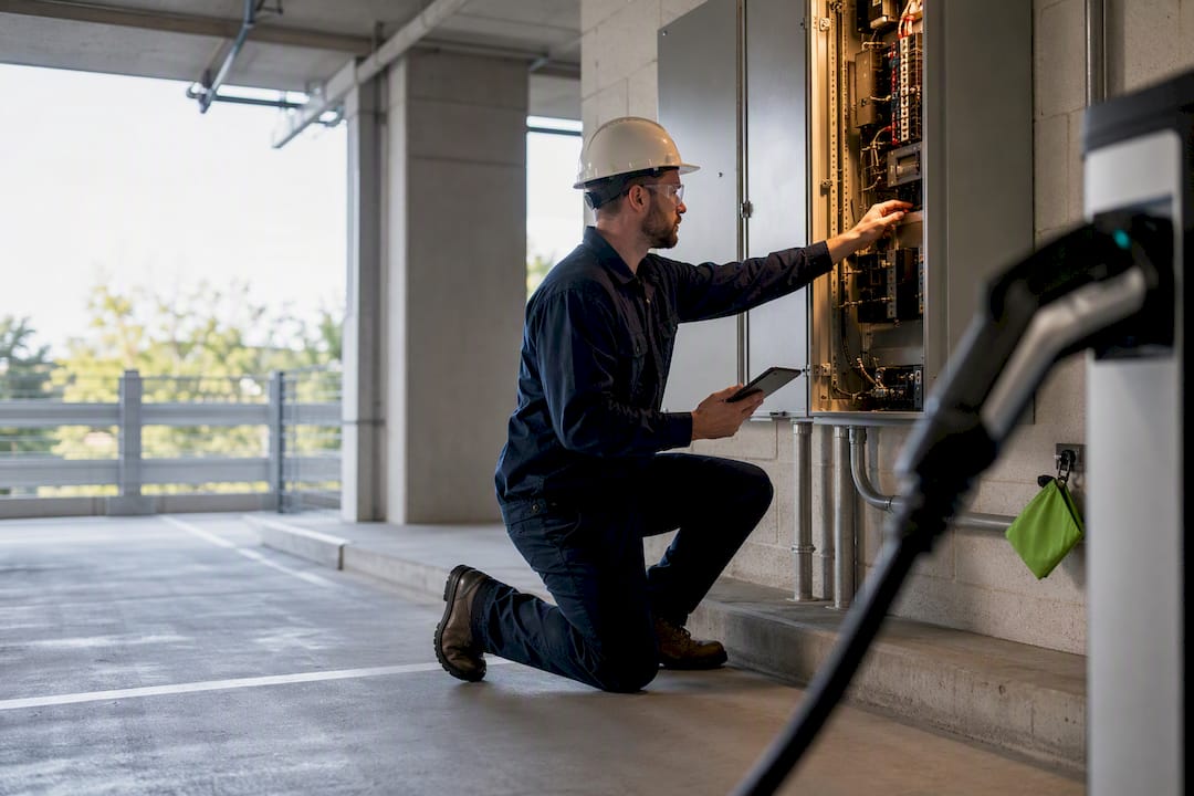 Electrician inspecting commercial charging infrastructure