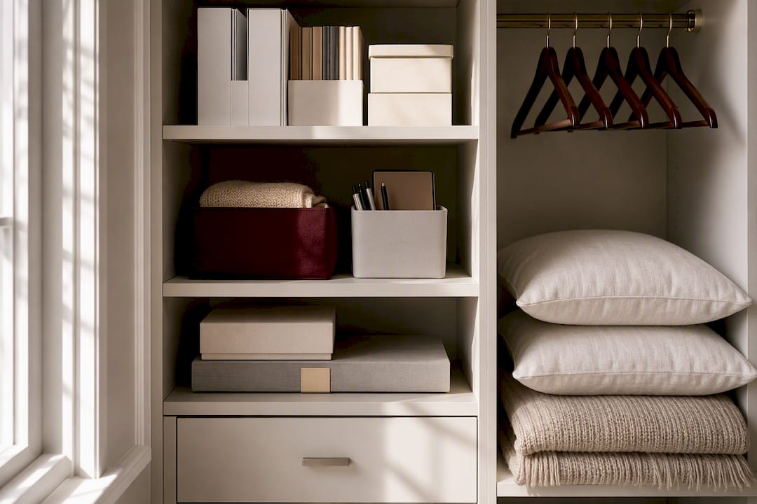 Guest linens and office supplies in divided storage