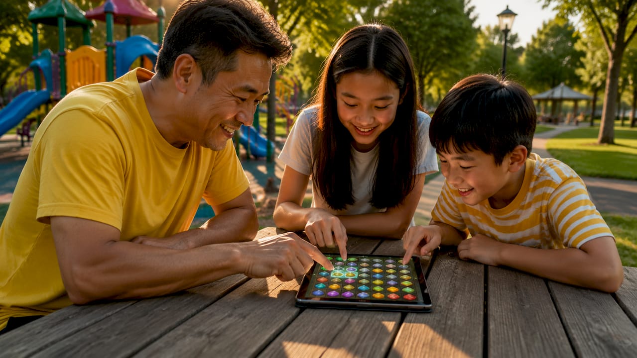 Manos intercambiando fichas en una tableta de juego combinar 3