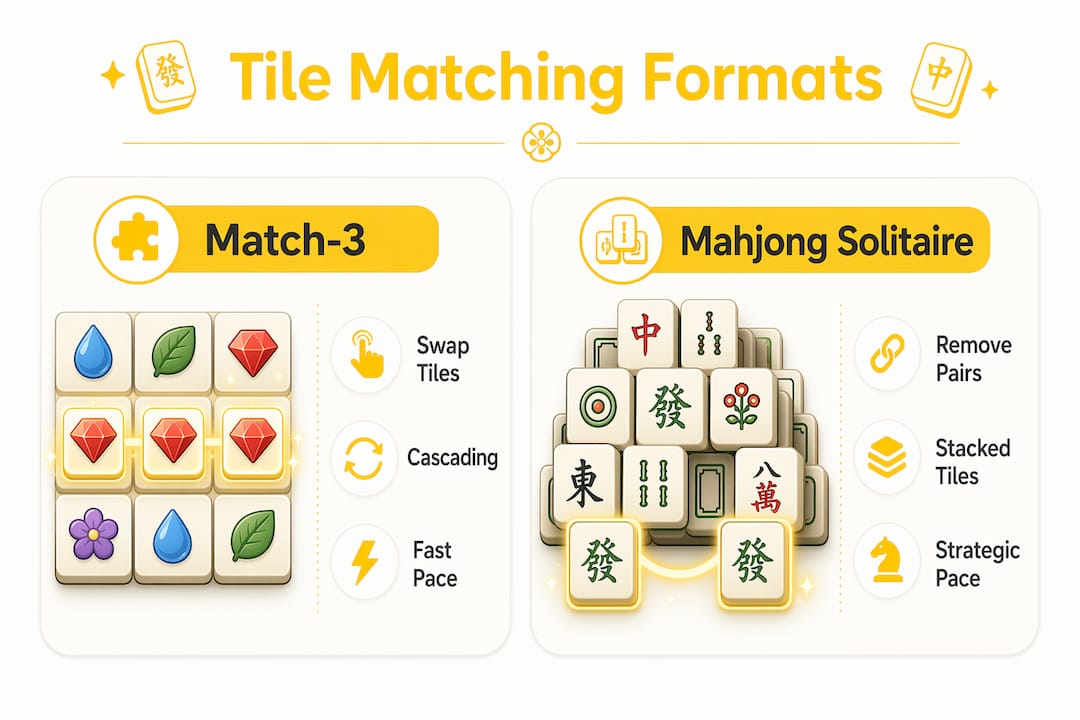 Infografía que compara los formatos Combinar 3 y Mahjong Solitaire