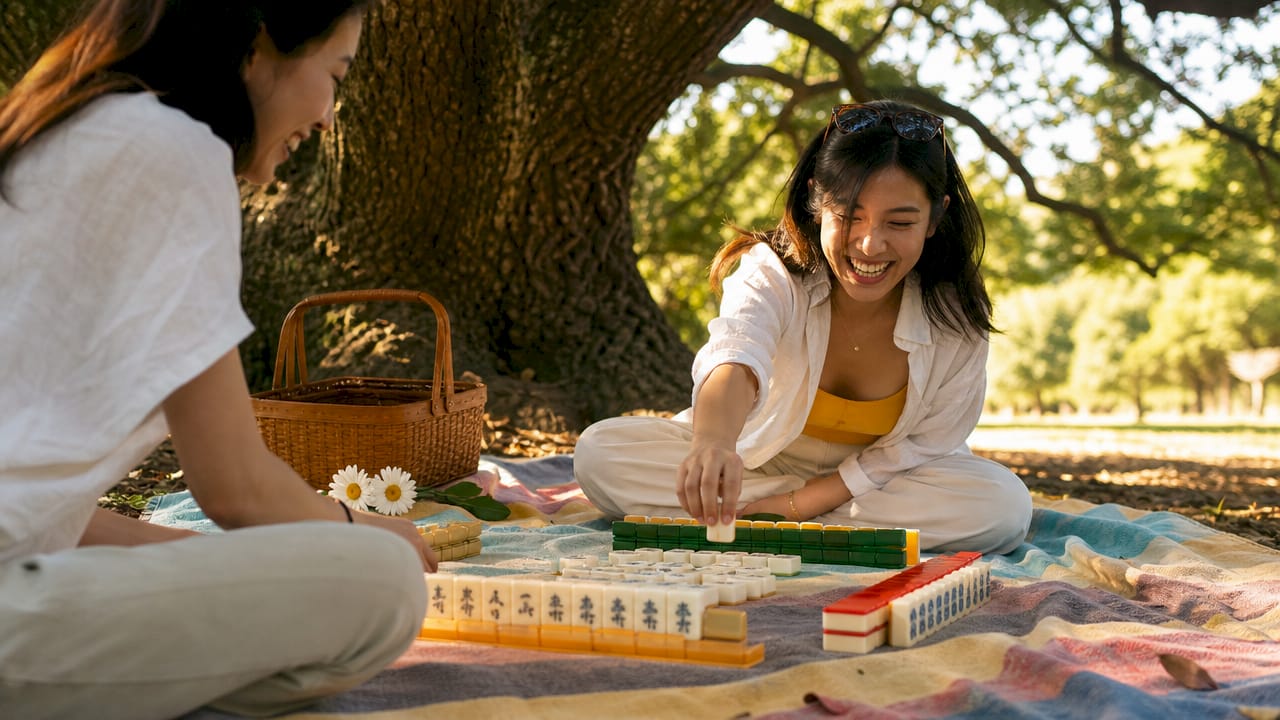Top-down view of Mahjong wind tiles in outdoor game