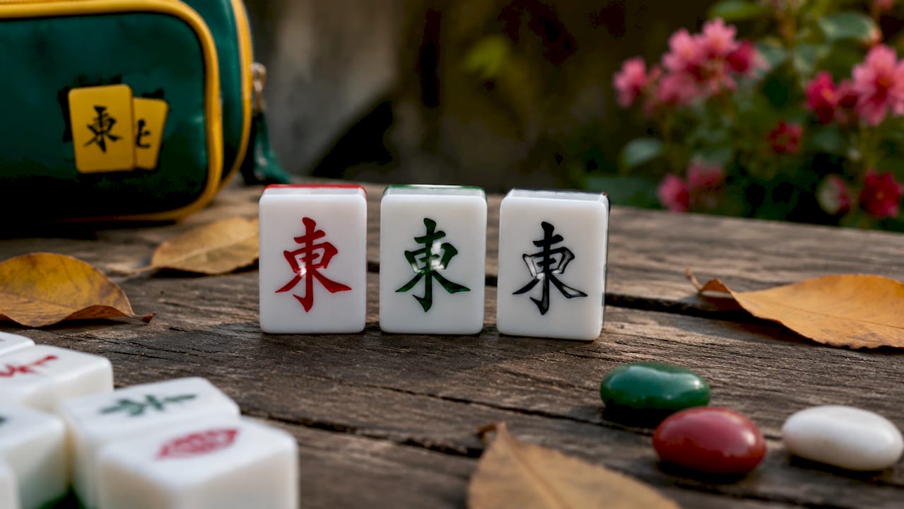 Close-up of Mahjong dragon tiles on table