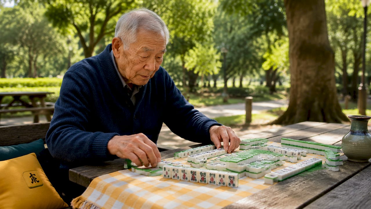 Elderly hands arranging mahjong tiles