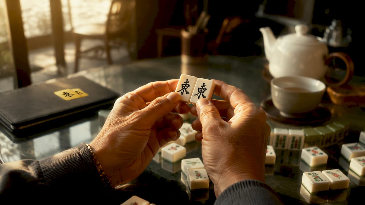Hands holding Mahjong tile pair close-up