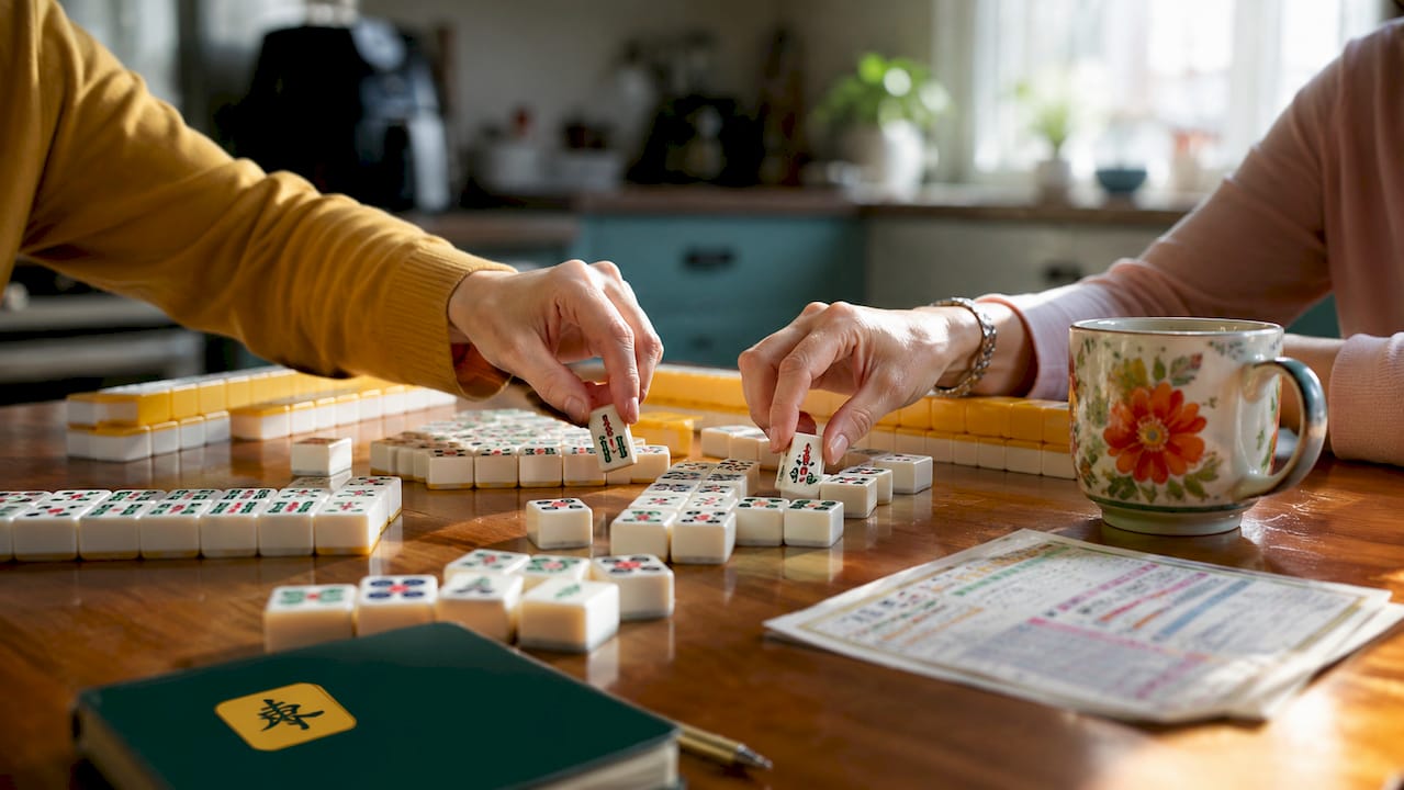 Hands arranging overlapping Mahjong hand shapes on table