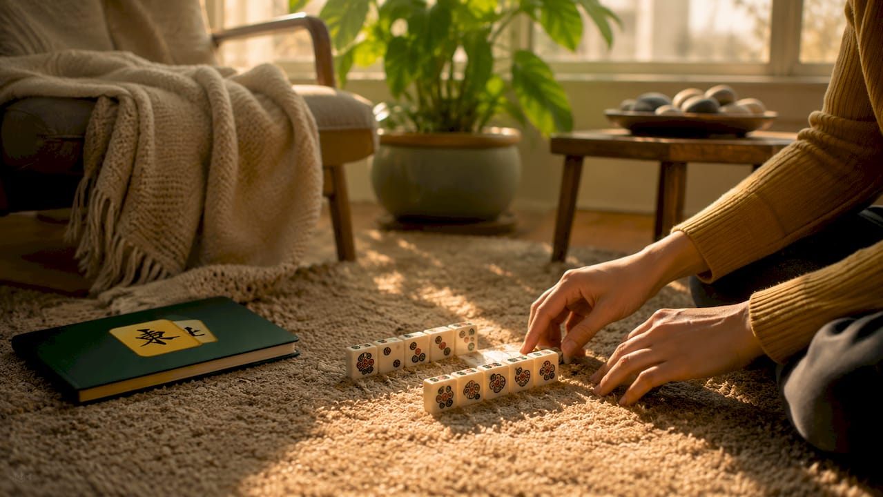 Hands arranging pure shifted chows on mahjong table