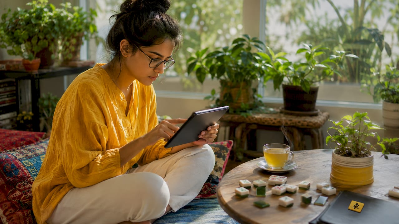 Woman analyzing Mahjong Turtle layout strategy at home