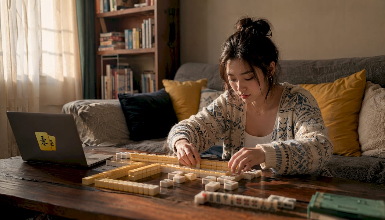 Hands arranging mahjong tiles in a quiet room
