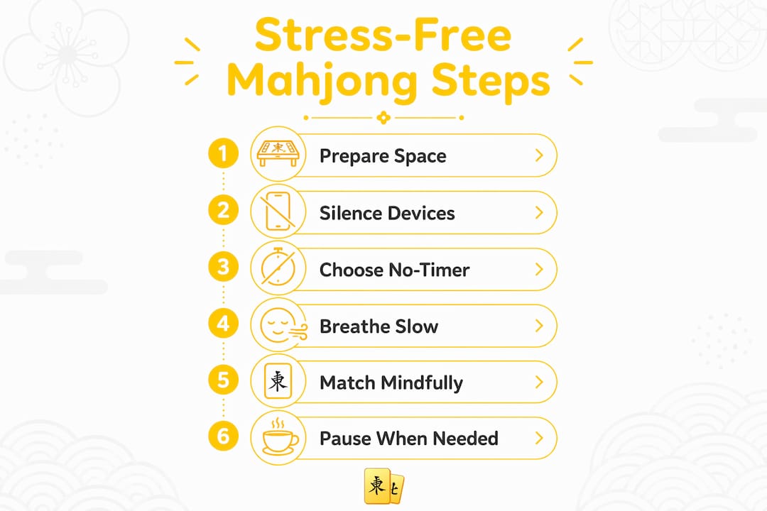 Infographic illustrating stress-free mahjong session steps