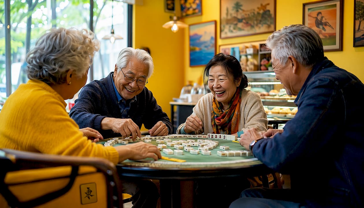 Seniors enjoying social mahjong game