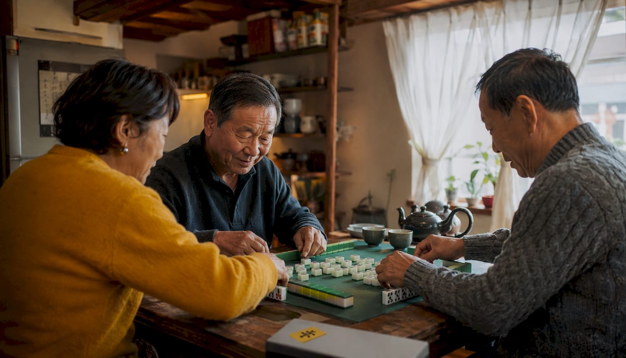 Players manually shuffling Mahjong tiles