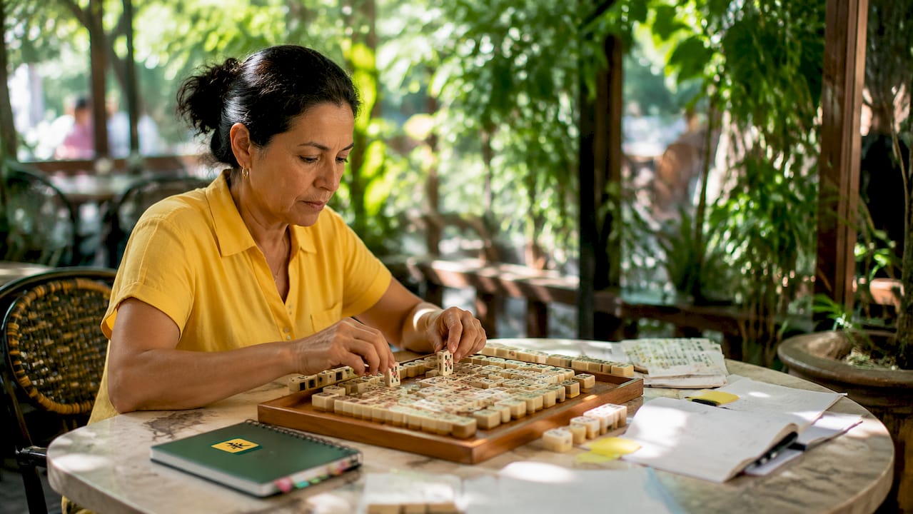 Hands arranging mahjong tiles on table