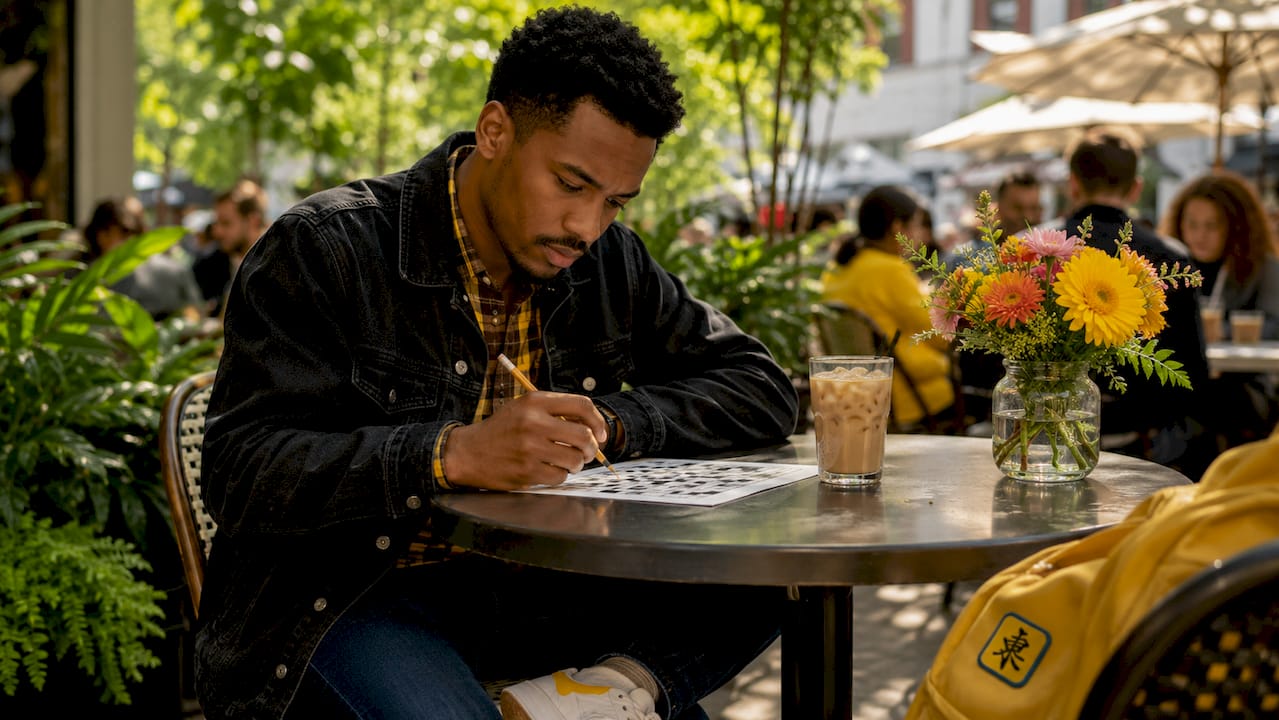 Man focused solving crossword puzzle in café