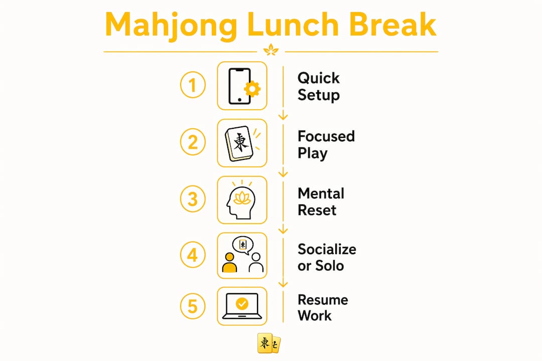Infographic showing 5-step guide for Mahjong lunch breaks