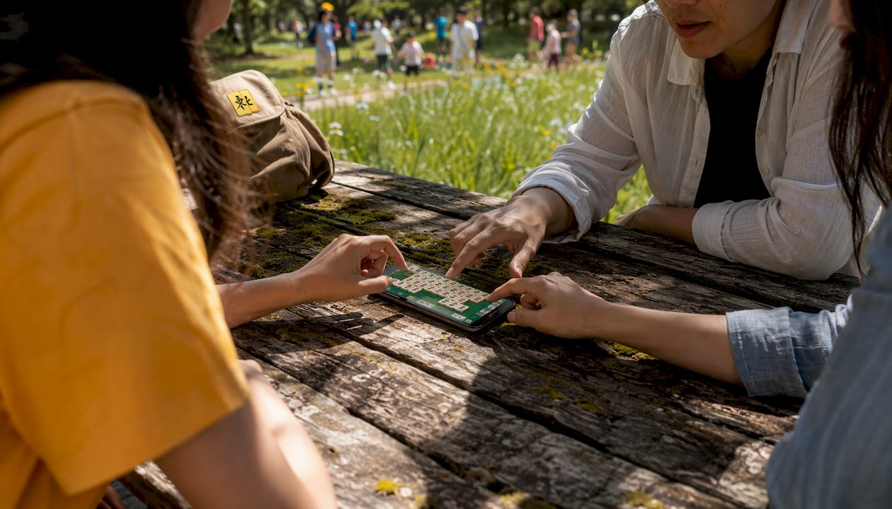 Close-up hands playing Mahjong on smartphone in cafe