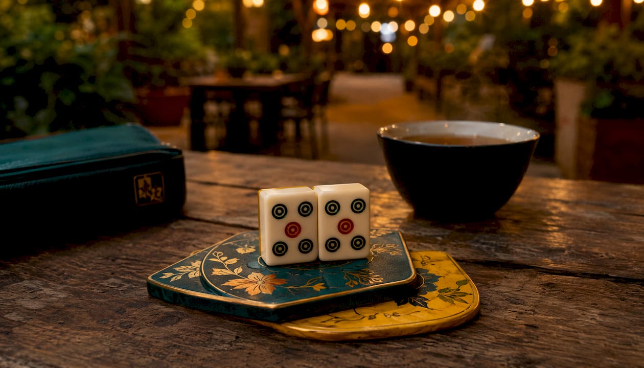 Close-up of paired mahjong tiles on table