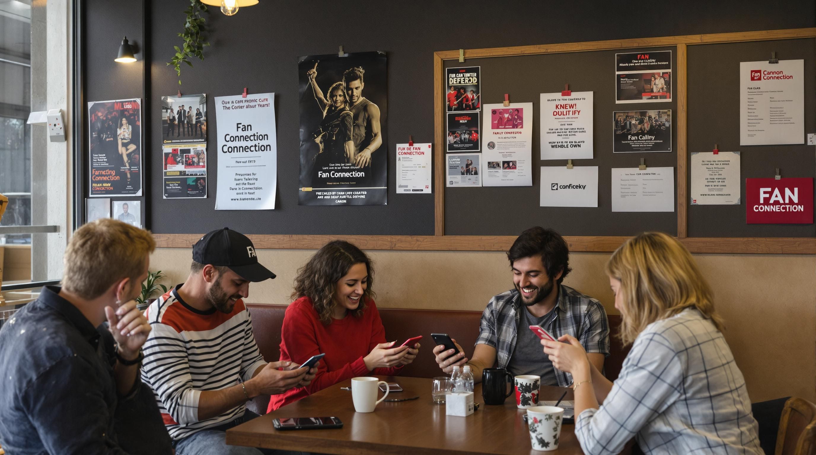 Music fans read personalized emails in café, Fan Connection on flyer