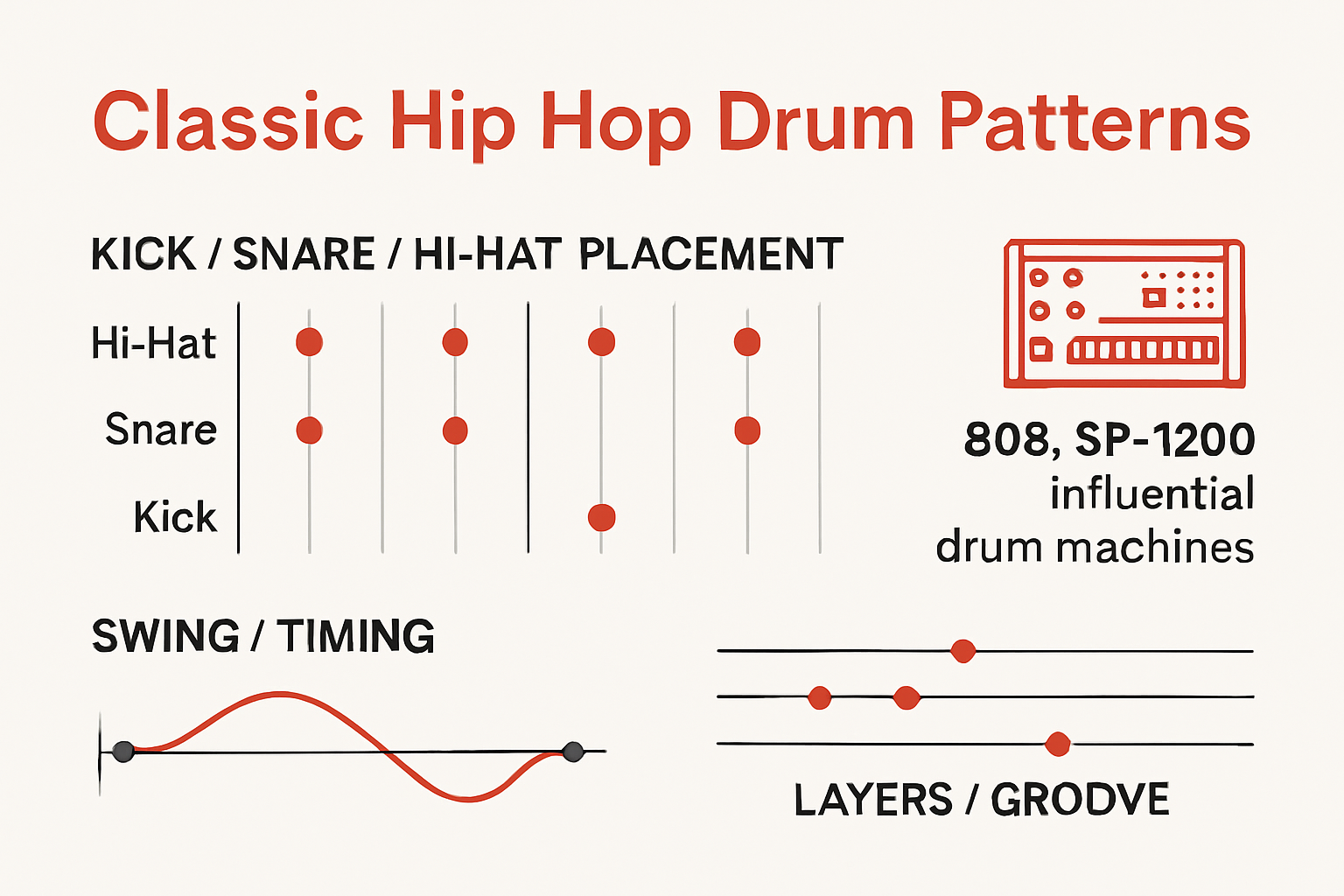 Infographic showing components of classic hip hop drum patterns