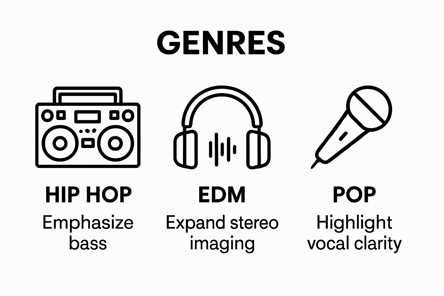 Infographic comparing mastering techniques for Hip Hop, EDM, and Pop
