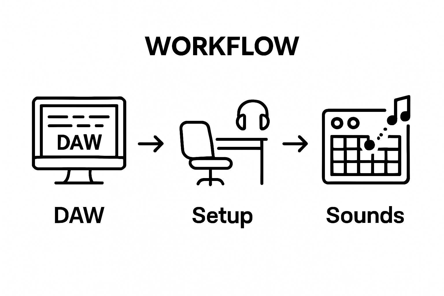 Diagram showing DAW selection, studio setup, and adding sounds