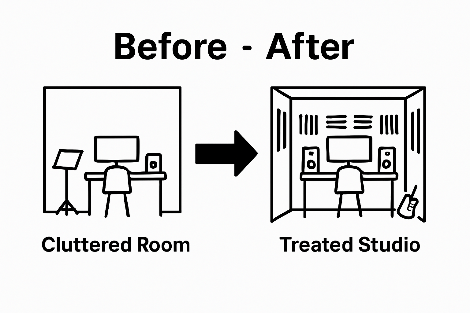 Before and after of home studio acoustic treatment visual