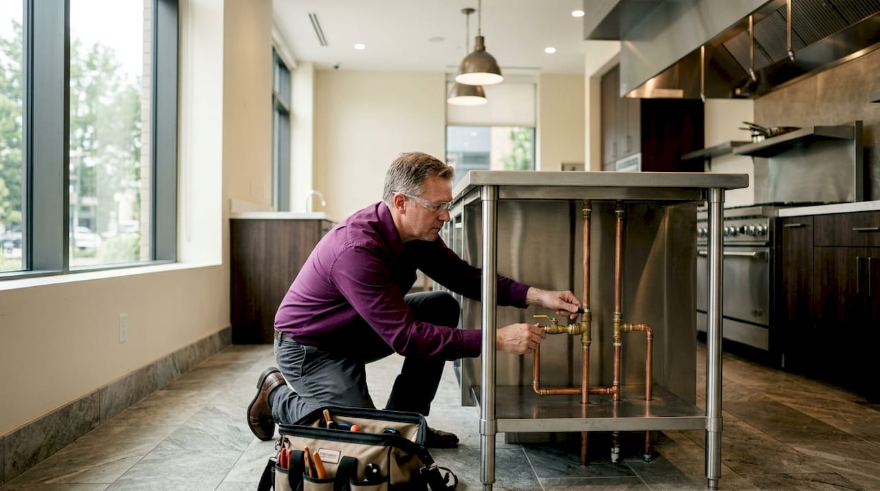 Engineer adjusting kitchen plumbing valves