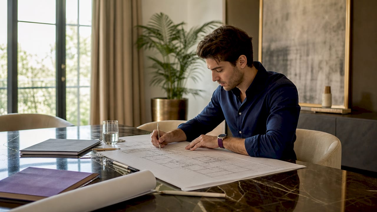 Close-up of man sketching home renovation plans