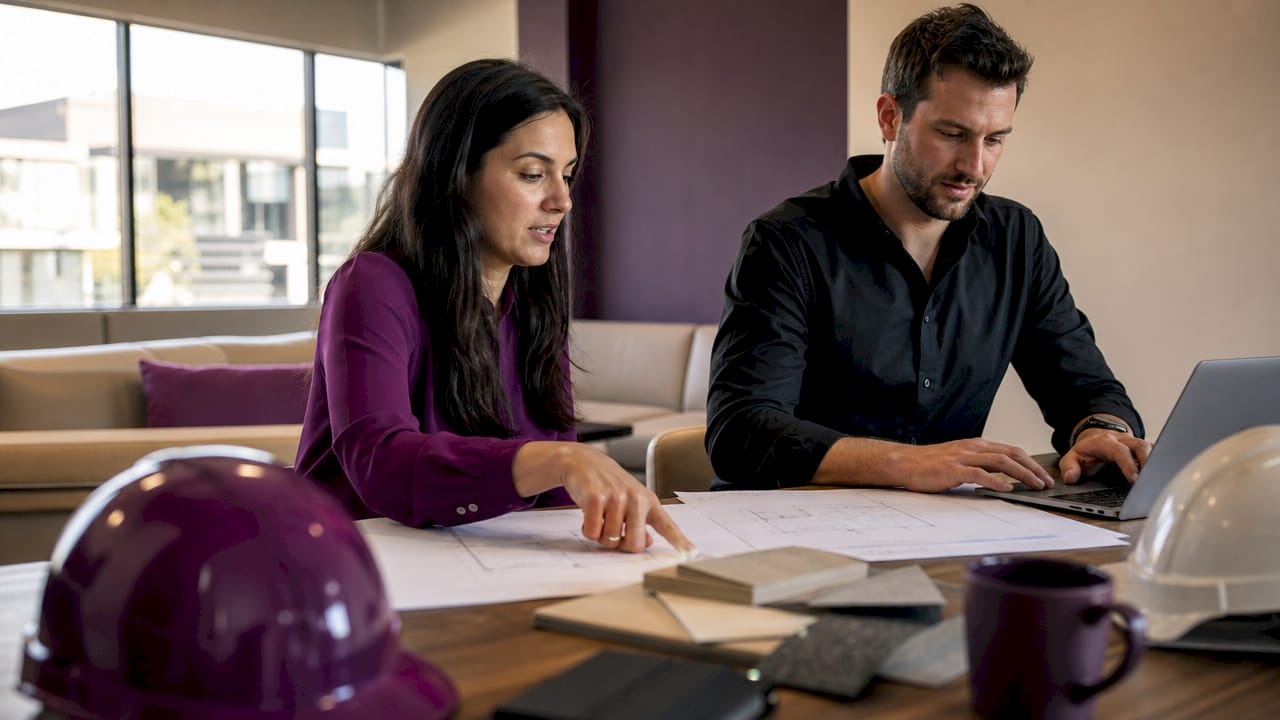 Contractors reviewing bids at office table