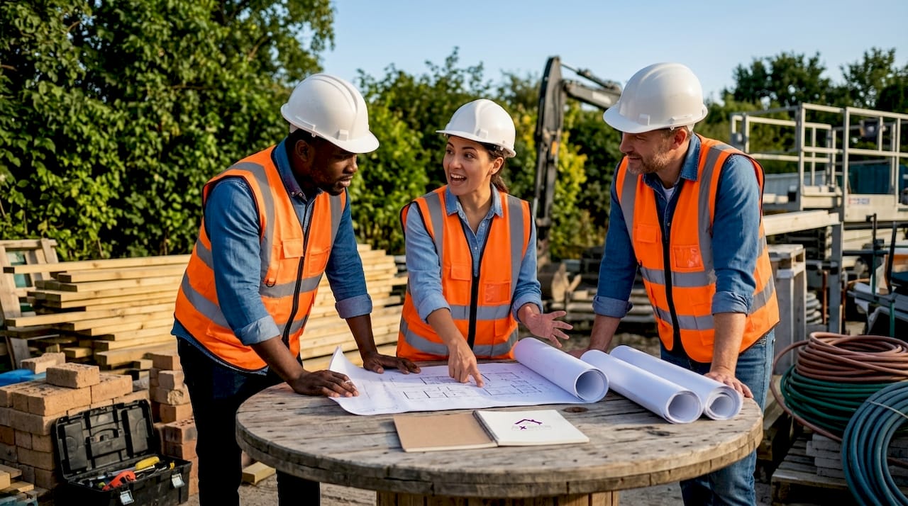 Contractor team coordinating subcontractor trades on site