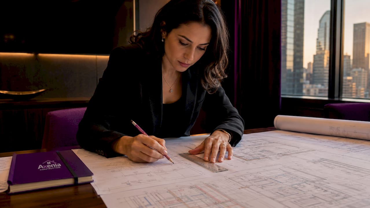 Architect working on commercial design drawings over drafting table