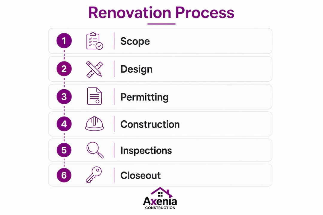 Infographic showing commercial renovation process phases top to bottom