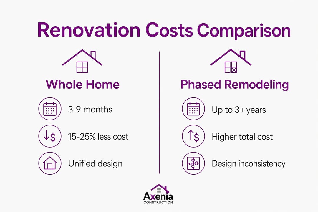 Infographic comparing whole home renovation and phased remodeling